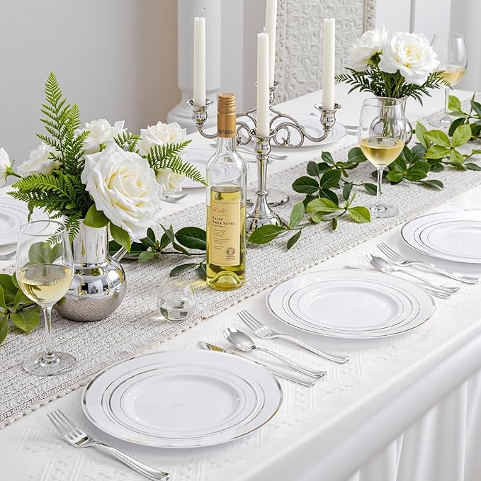 WDF 120PCS Plastic Christmas Plates White Silver Rim - Disposable Plates including 60PCS for Dinner 10.25inch, 60 Salad/Dessert Plates 7.5inch Heavy Duty Wedding