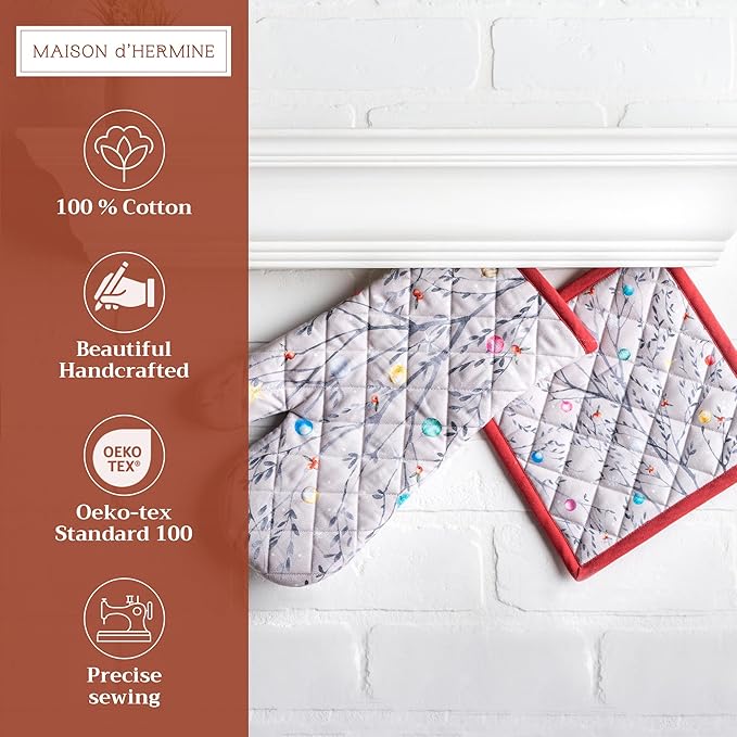 Maison d' Hermine 100% Cotton Oven Mitt & Pot Holder Set (7.5"x13" & 8"x8") Heat Resistant BBQ Cooking Gloves with Loop, Baking, Grilling, Kitchen, Handling Hot Pans (Fairy Christmas)