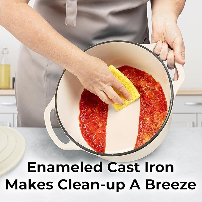 Zulay Kitchen 7.7 Quart Enameled Cast Iron Dutch Oven with Lid, Silicone Trivet & Heat Pad – Premium Durability & Oven Safe up to 500°F – Heavy Duty Cookware Perfect for Bread Baking, Stews, Braising & Roasting – Ivory