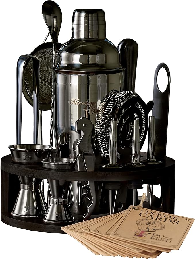Mixology & Craft Bartender Kit – 15-Piece Cocktail Shaker Set with Bar Tools, Premium Stainless Steel Drink Mixer Accessories for Home Bar, Includes Bamboo Stand, Plus Exclusive Recipe Cards (Black)