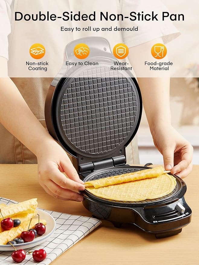 FOHERE Waffle Cone Maker Machine and Ice Cream Bowl Maker with Browning Control, Double Side Nonstick Waffle Bowl Maker with Cone Roller, 7.5” Thin Waffle Maker for Home Kitchen
