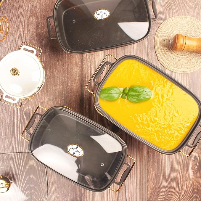 10" x 7" Ceramic Rectangular Casserole Dish with Glass Lid and rack, 1.3 Quart Serving Soup Tureen,Chafing Dish for Buffet, Family Food preserve Tray, Catering for Party Style, Black