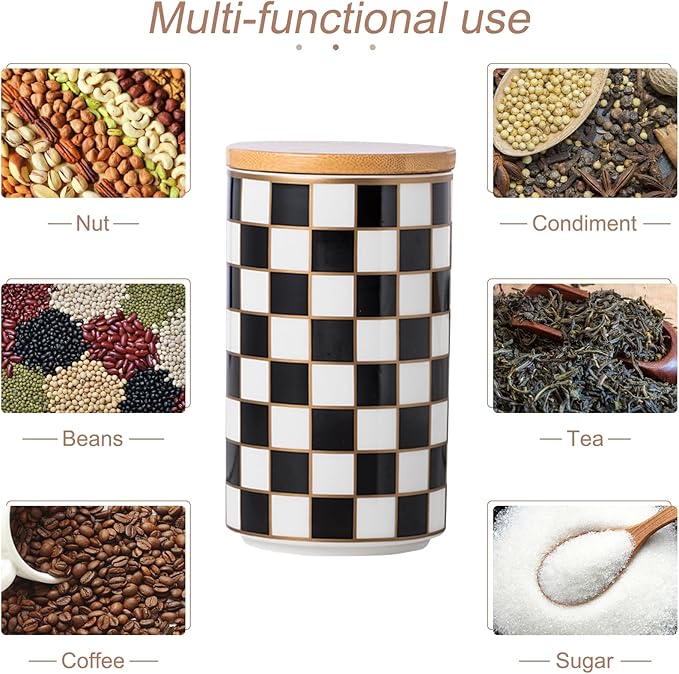 Kitchen Countertop Ceramic Checkered Canisters Set, 3Pcs Grid Pattern Kitchen Jars with Layered Shelves, Sealed Countertop Flour and Sugar Containers, Coffee and Tea Storage
