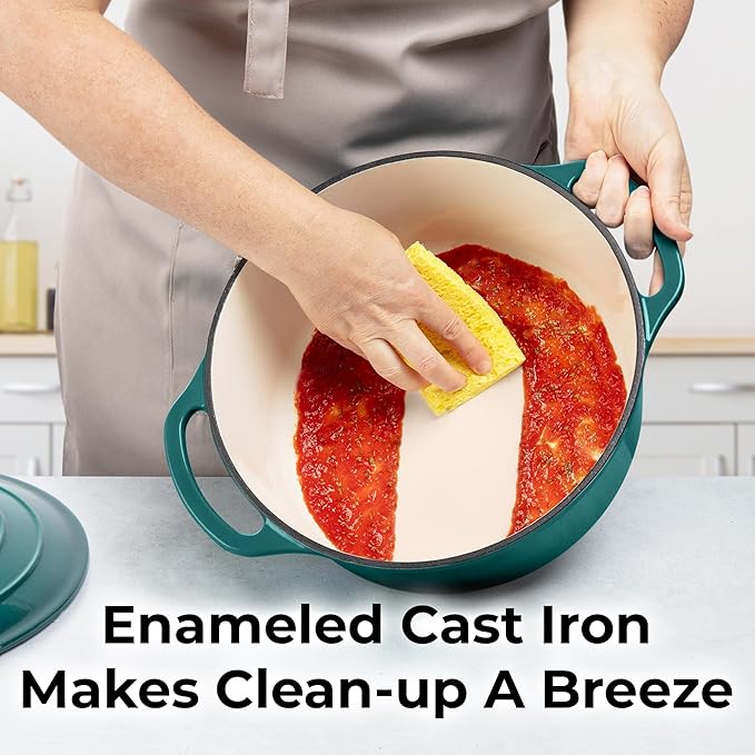 Zulay Kitchen 7.7 Quart Enameled Cast Iron Dutch Oven with Lid, Silicone Trivet & Heat Pad – Premium Durability & Oven Safe up to 500°F – Heavy Duty Cookware Perfect for Bread Baking, Stews, Braising & Roasting – emerald