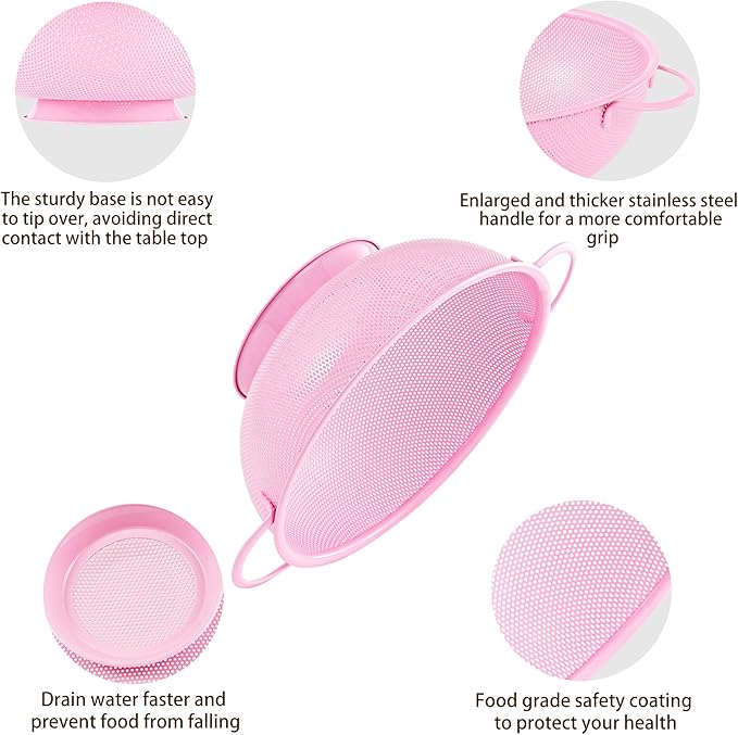 Stainless Steel Colander 3 Piece,Metal Strainer Basket with Solid Base and Handles for Kitchen Food,Pasta, Noodles, Vegetables and Fruits,Powder Coated,BPA Free,Dishwasher Safe,2 & 3 & 4.5 Qt (Pink)