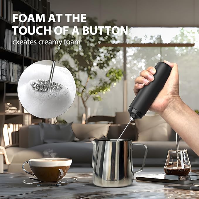 Black Milk Frother Wand, Electric Foam Maker Frother Wand, Hand Mixer for Lattes, Stainless Steel Mixing Head, Detachable for Cleaning, Cappuccino - Kitchen Gift