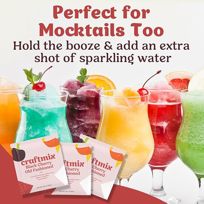 Craftmix Black Cherry Old Fashioned Mix, Makes 12 Drinks, Bourbon and Whiskey Cocktail Mixer, Instant Skinny Cocktail and Mocktail Mix - With Real Fruit - Vegan Low Carb, Low Sugar, Non-GMO