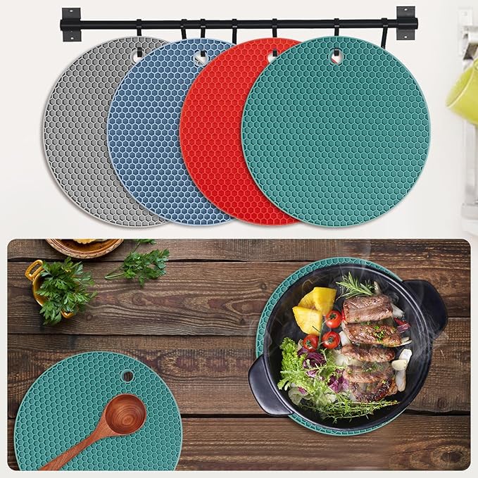 4 Pack Silicone Trivets for Hot Dishes, Dark Green Silicone Hot Pads Trivet for Hot Pots and Pans, 4 PCS Heat Resistant Silicone Mats Pot Holders for Kitchen Counter, Large Coasters & Jar Opener