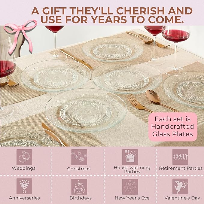 Khen Art Deco Vintage Crystal Glass Plates, Set of 6, 10.5' Dinner Plates - Dessert, Server Appetizer Plate, Snack Fruit, Side Serveware, Dishwasher Safe, 100%, Borosilicate Glass