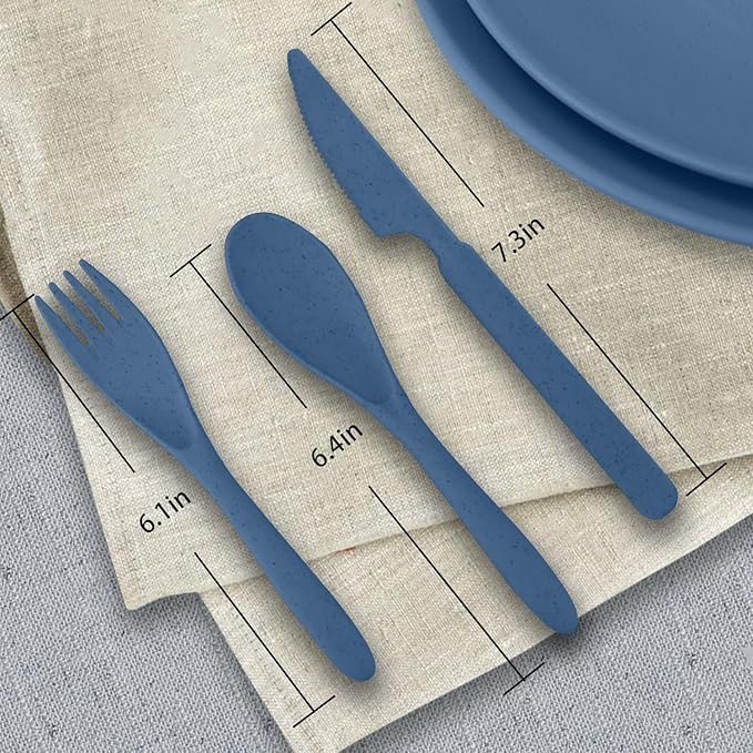 64-Piece Service for 8 Dinnerware Set - Unbreakable Wheat Straw Dinnerware sets of 64 - Dinner plates/Snack plates/Cereal bowls/Drinking Cups/Cutlery for Outdoor camping and indoors.Blue