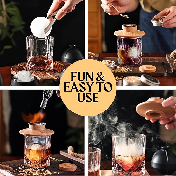 Whiskey Smoker Kit - Cocktail Smoker Kit with Torch, 2 Whiskey Glasses, 2 Ice Ball Makers, 6 Flavors Wood Chips - Old Fashioned Smokers - Bourbon Drink Smoking Set - Whiskey Accessories Gifts for Men