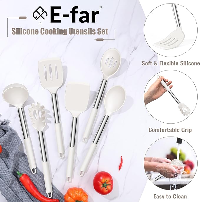 E-far 14 Pieces Silicone Cooking Utensils Set, Kitchen Utensils Set with Holder, Spatula, Ladle, Spoon, Slotted Turner for Nonstick Cookware, 446°F Heat Resistant & Stainless Steel Handle, Cream White