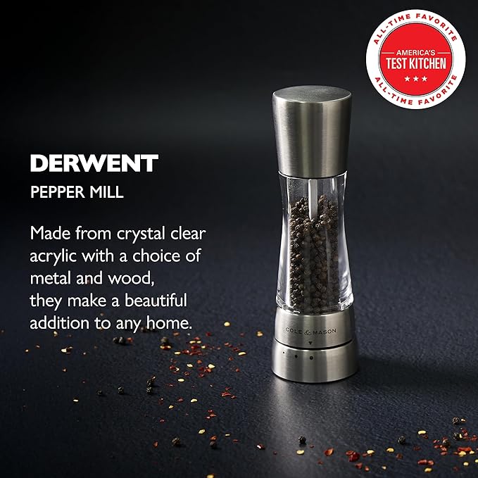 Cole & Mason Derwent Pepper Grinder - Stainless Steel Mill Includes Gourmet Precision Mechanism and Premium Peppercorns - Pepper Mill, Stainless Steel