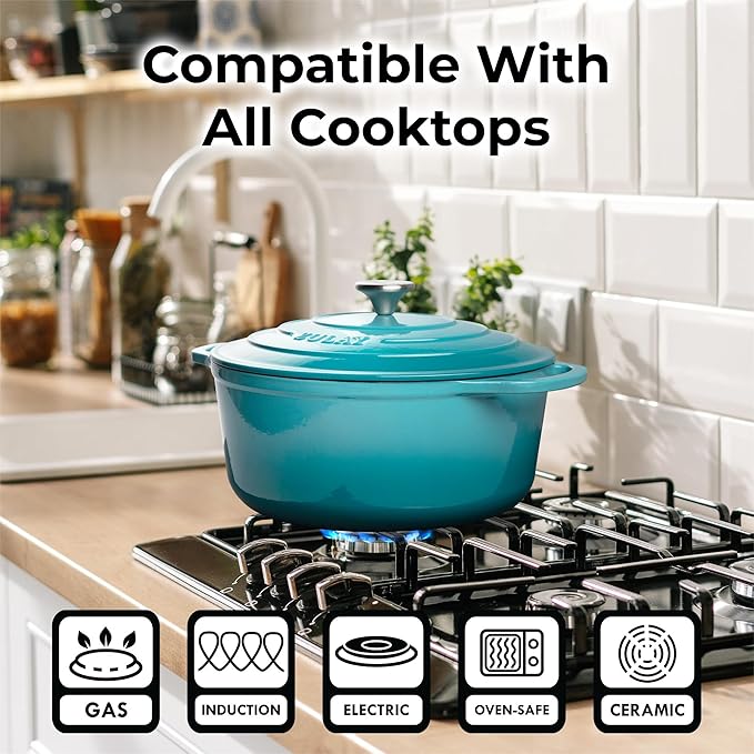 Zulay Kitchen 6 Quart Enameled Cast Iron Dutch Oven with Lid – Premium Durability & Oven Safe up to 500°F – Heavy Duty Cookware Perfect for Bread Baking, Stews, Braising & Roasting – Light Blue