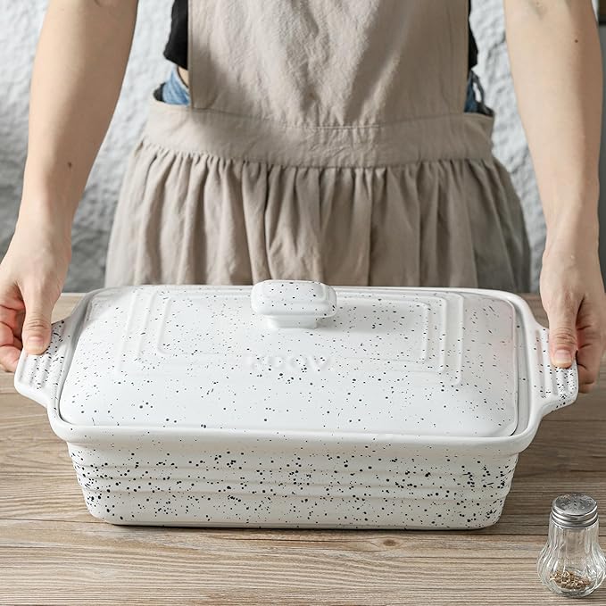 KOOV Ceramic Casserole Dish with Lid, Covered Rectangular Casserole Dish Set, Lasagna Pans with Lid for Cooking, Baking dish With Lid for Dinner, 9 x 13 Inches, Splash Series (Splashed White)