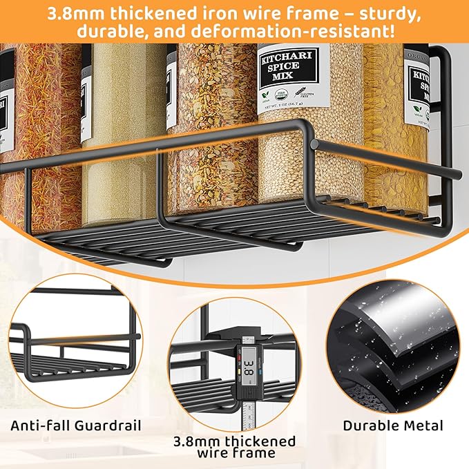 6 Pack Wall Mount Spice Rack Organizer, for Kitchen Pantry Door Storage and Organization, Heavy-Duty Metal Kitchen Spice Rack, Flexible Wall Iron Shelves with Adhesive Hook, Black