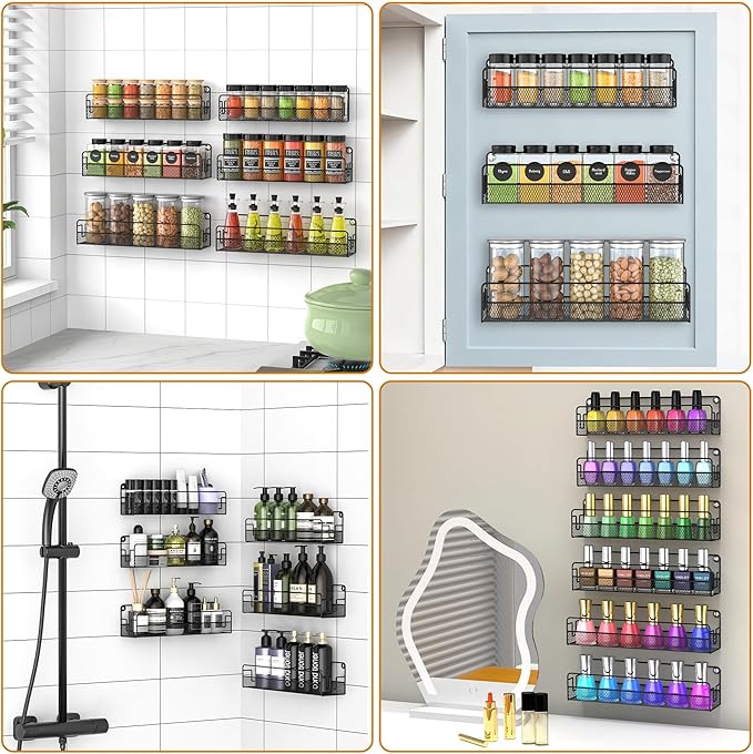 Wall Mounted Spice Rack Organizer, Pantry Door Organizer & Hanging Storage Baskets, Metal Spice Shelf for Kitchen Cabinet, 3 Depth Sizes Hold Large Jars to Nail Polish Bottles, 6 Pack