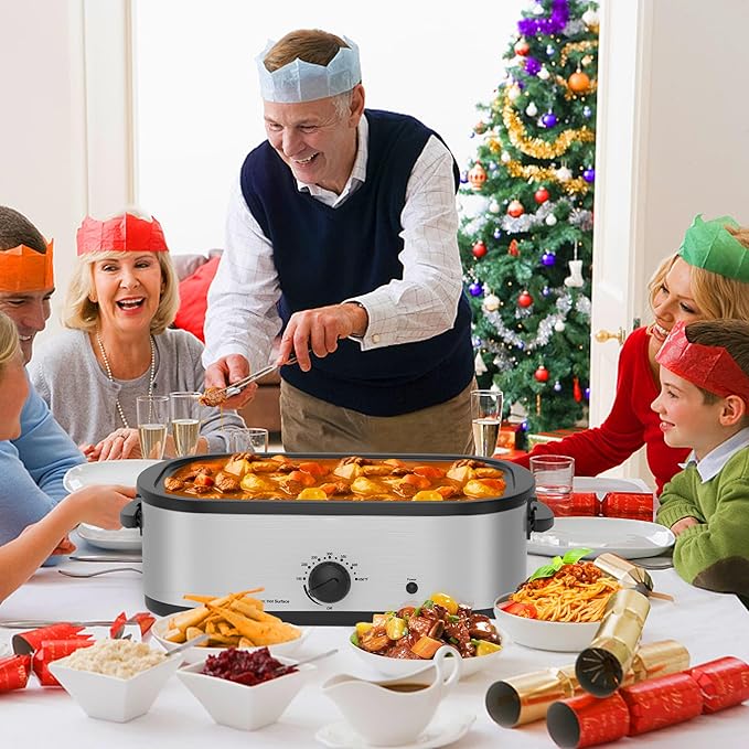 14 Quart Roaster Oven with Self-Basting Lid, Turkey Defrost & Warm Function, Turkey Roasting Pan with Removable Roasting Rack, Adjustable Temperature for Use as a Slow Cooker, Stainless Steel, Silver