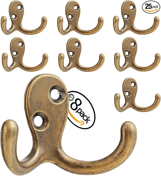 Coat Hooks Wall Hooks for hanging - 8 pack Bronze Double Prong Hook Wall Mounted - Great for Living Room, Bedroom, Entryway, Closet for Coat, Bag, Towel, Hat, Key, Cup, Heavy-Duty, Easy to Install