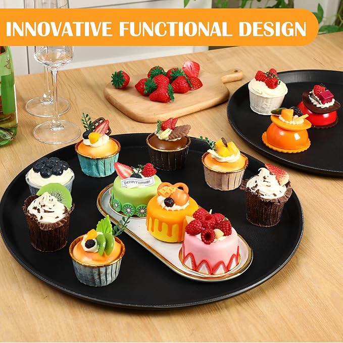 6 Pcs 16 14 11 Inch Restaurant Serving Trays Extra Large Serving Pallets Black Plastic Non Slip Round Pallets Large Food Crawfish Server Trays for Home Restaurant Kitchen Cafeteria Bar Hotel