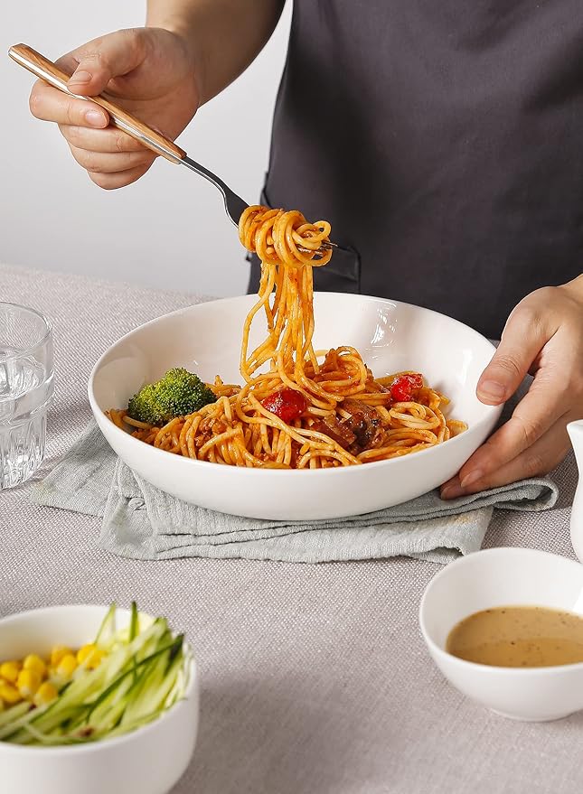 Teocera Pasta Bowls, Large Salad Bowls, Porcelain Bowl Set, Wide and Shallow, Microwave and Dishwasher Safe, 35 Ounce - Set of 4, White