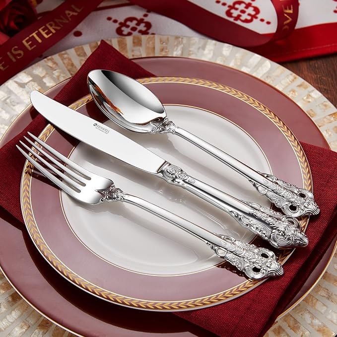 KEAWELL Luxury 45-Piece Silverware Set, 18/10 Stainless Steel, Service for 8, Mirror Finish, Antique Baroque Design, Dishwasher Safe (Silver)