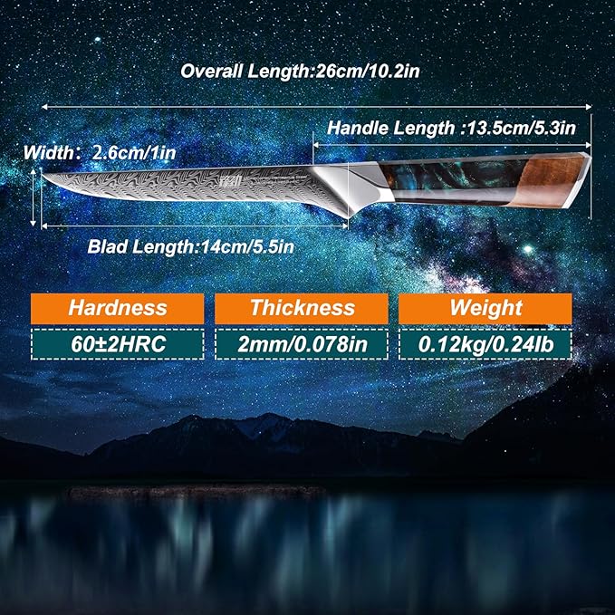 FINDKING Nebula Series Boning Knife, Versatile Deboning Knife, 10Cr15CoMov Damascus Steel Blade, Resin and Figured Sycamore Handle, Full Tang, 5.5 Inch, Blue, for Skinning, Removing Fat, Filleting