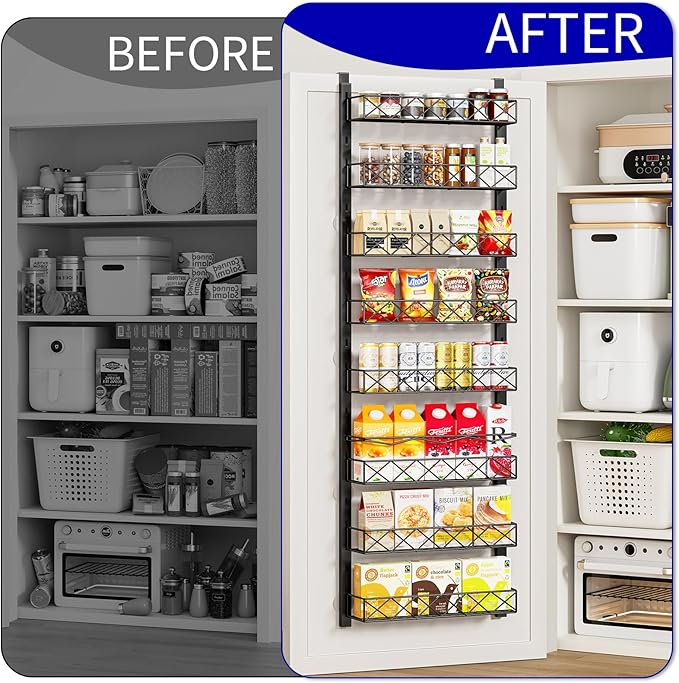 MIAOLI Over the Door Organizer, Black 8-Tier Pantry Door Organizer with Adjustable Basket, Hanging Spice Rack Cabinet Door Shelves, Laundry Room Organization and Storage