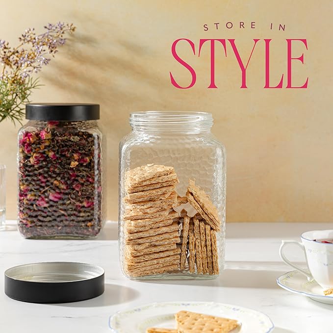 80oz Large Glass Kitchen Canister with Lid, Pantry & Countertop Organizing Storage Jar for Flour, Sugar, Coffee, Larger than Half Gallon Glass Container Set of 2 - Black Metal Lids