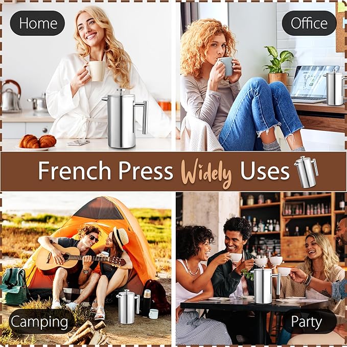 12oz French Press Coffee Maker, 350ml Stainless Steel Double Insulated Cafetiere 3 Cup Espresso Coffee Press, Portable Coffee Plunger Pot for Home, Office, Camping