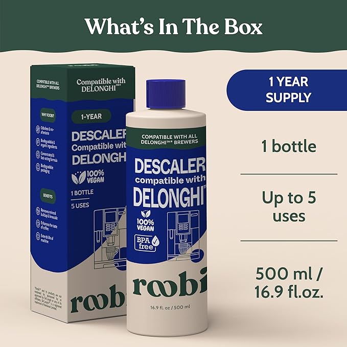 DeLonghi Compatible Descaling Solution. Clean & Descale your DeLonghi Coffee Maker. Single Bottle. Eco-Friendly Concentrated Formula. Carbon Neutral Cleaner Descaler Solution