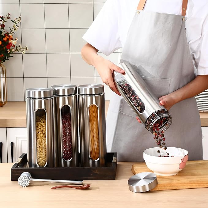 3 Pcs Stainless Steel Canister Set with Glass Windows Visible Storage Jars Silver Kitchen Canister Set for Pasta Flour Oat Sugar Container, Kitchen Tools, Housewarming Gifts(60 oz)