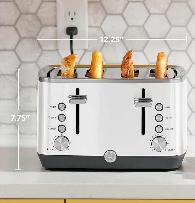 GE 4 Slice Toaster | Extra Wide Slots for Bagels, Breads, Waffles & More | 7 Shade Options | Countertop Kitchen Essentials | 1500 watt, White