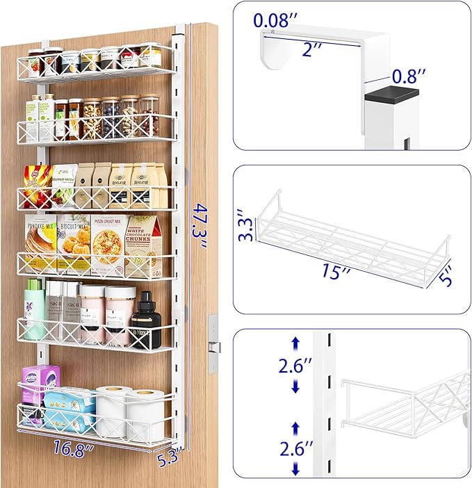 MIAOLI Over the Door Organizer, White 6-Tier Pantry Door Organizer with Adjustable Basket, Hanging Spice Rack Cabinet Door Shelves, Laundry Room Organization and Storage