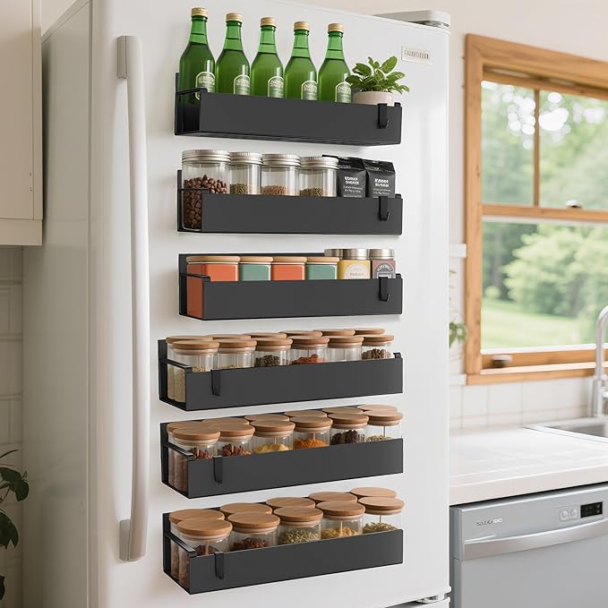 6 Pack Magnetic Spice Rack Organizer for Refrigerator and Oven, Movable Magnetic Hanging Kitchen Spice Rack with 6 Hooks, Black