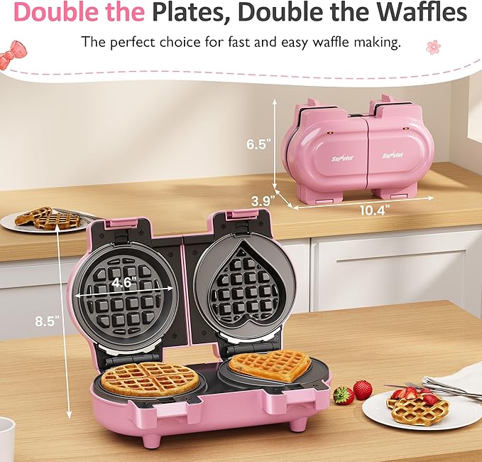 Sunvivi Double Belgian Waffle Maker with Dual Removable Nonstick Plates, Stainless Steel Round Waffle Iron, Fast Preheat, Flip-Style Easy One-Button Operation, PFOA-Free, Pink