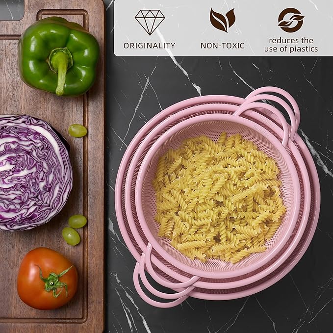 Stainless Steel Colander 3 Piece,Metal Strainer Basket with Solid Base and Handles for Kitchen Food,Pasta, Noodles, Vegetables and Fruits,Powder Coated,BPA Free,Dishwasher Safe,2 & 3 & 4.5 Qt (Pink)