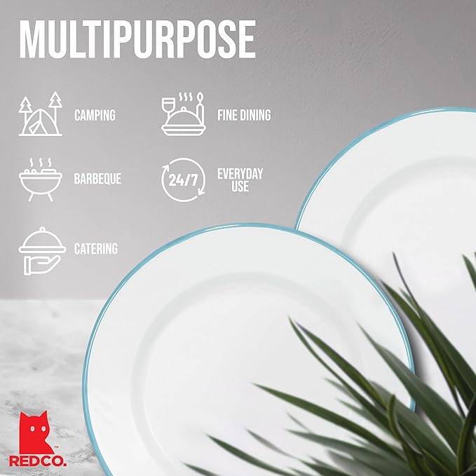 Red Co. Set of 4 Enamelware Metal Classic 10" Round Dinner Plate, Solid White/Teal Rim