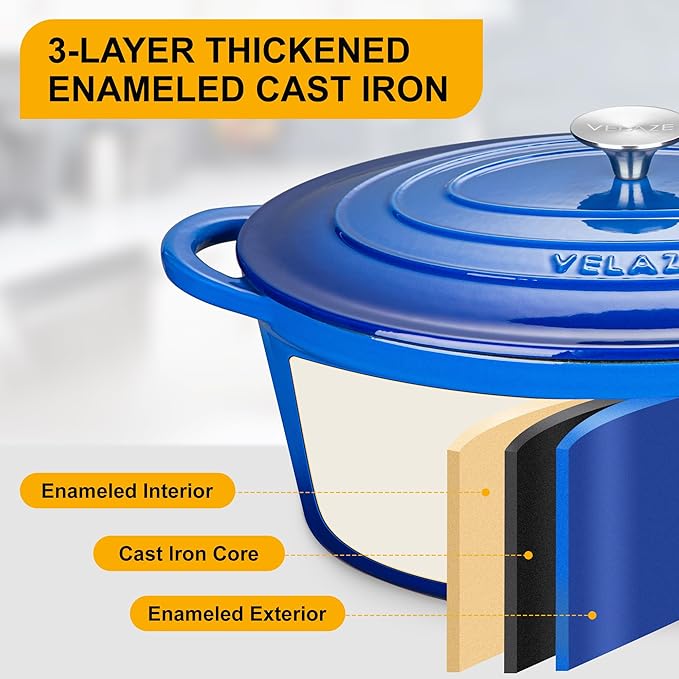 Velaze 7.5 QT Enameled Oval Dutch Oven Pot with Lid, Cast Iron Dutch Oven with Dual Handles for Bread Baking, Cooking, Frying, Non-stick Enamel Coated Cookware(Blue)