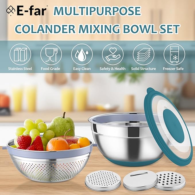 E-far Colander with Mixing Bowl Set, 4-1 Stainless Steel Colander Strainers Bowl with Graters for Kitchen, Rotatable Food Strainer Bowl for Rinsing Fruits Vegetables/Draining Pasta - Blue