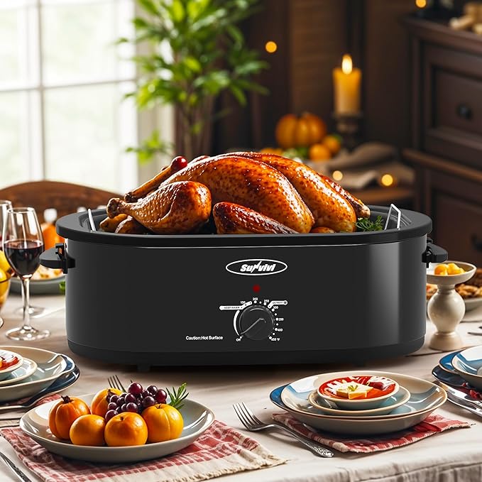 Sunvivi 18-Quart Roaster Oven with Self-Basting Lid, Electric Turkey Roaster Oven with Removable Pan and Rack, Stainless Steel, Black
