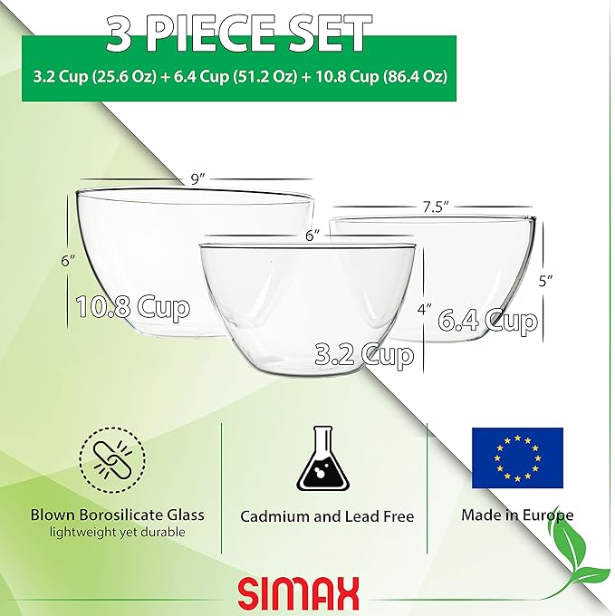 Simax Glass Serving Bowl Set: Borosilicate Glass Oven Safe Bowls - Clear Glass Bowls For Kitchen - Blown Glass Nesting Bowls - Kitchen Mixing Bowls -Glass Salad Bowls Set of 3 (3.2 C, 6.4 C,10.8 Cup)