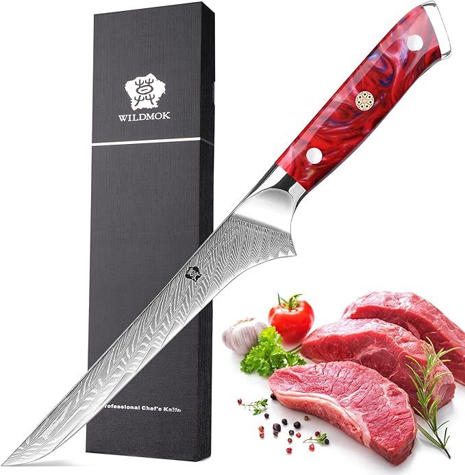 WILDMOK Boning Knife, Damascus Super Steel Forged 67 Layers, Meat Cutting, Trimming, Deboning, Full Tang Resin Handle, Gift Box Included