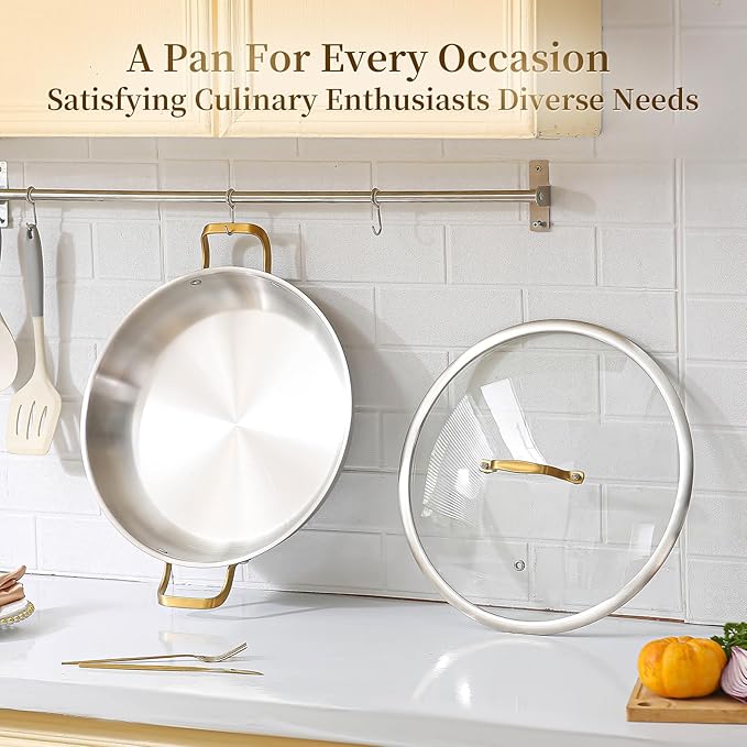 DELARLO Paella Pan With Lid, 14 Inch, Tri-Ply Stainless Steel Large Skillet, Everyday Pan, Fast & Even Heating Induction Cooking Pan, Dishwasher and Oven Safe, Heavy Duty Style