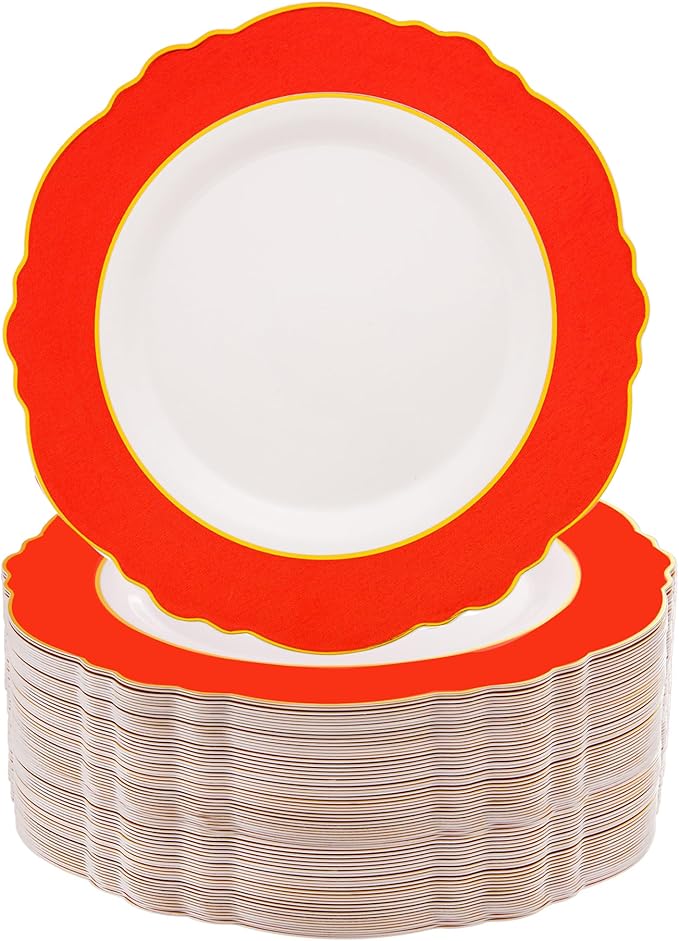 WDF 60pcs Red Plastic 4th of July Plates Gold Rim - 10.25inch Red Dinner Plates Disposable Plates Table Decor for 4th of July