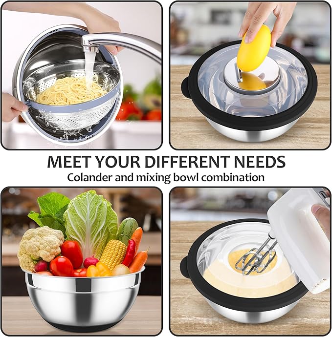 E-far Colander with Mixing Bowl Set, 4-1 Stainless Steel Colander Strainers Bowl with Graters for Kitchen, Rotatable Food Strainer Bowl for Rinsing Fruits Vegetables/Draining Pasta - Black