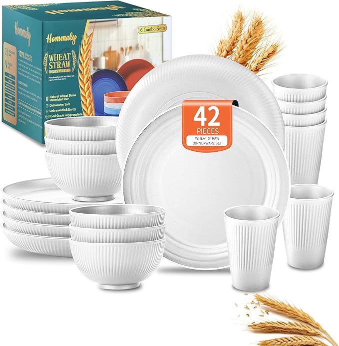 Wheat Straw Dinnerware Sets,42-Piece Plates and Bowls Sets for 6-Unbreakable,Reusable Plastic Dish Set-Dinner Plate/Cereal Bowl/Cup/Utensils-Microwavable Dishwasher Safe 42P-Light Gray