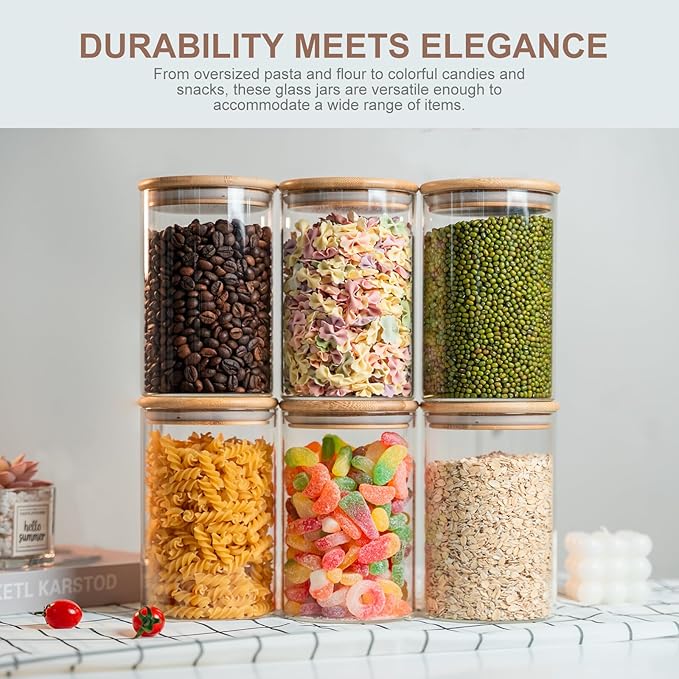 Glass Food Storage Jars Set of 8,26oz-Glass Storage Containers Clear Glass Food Canister with Bamboo Lid Airtight For Serving Tea, Coffee, Flour,Candy, Cookie, Spice(Round-8CMx15CM)