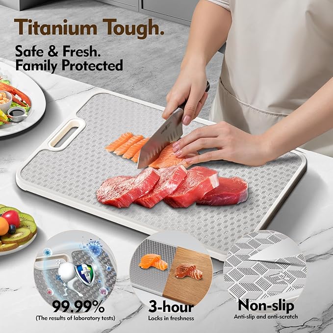 Titanium Cutting Board, Dual Sided Food Grade Titanium & Wheat Straw PP, Non Slip Scratch Resistant Easy Clean, cutting boards for kitchen, 15.16" x 10.43"