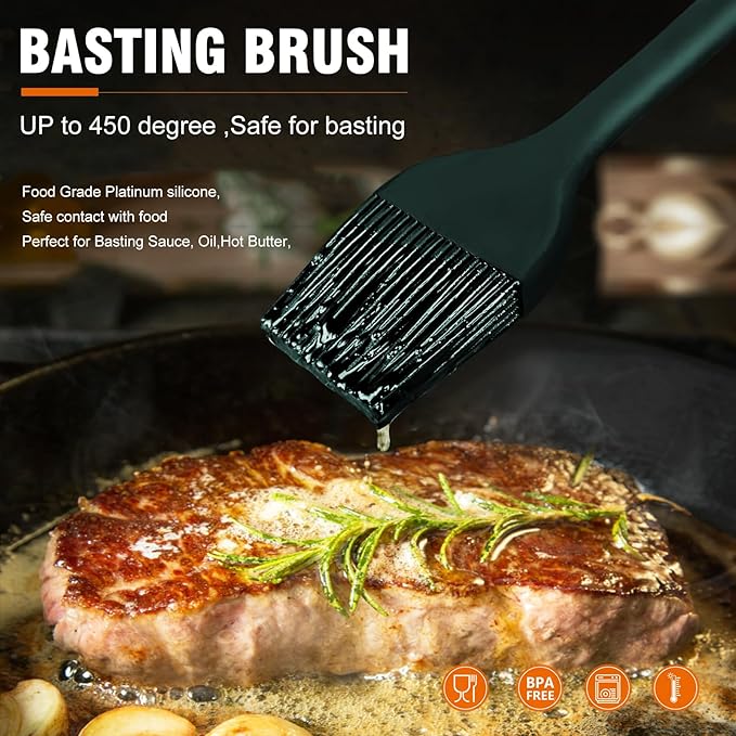 Walfos Silicone Basting Pastry Brush, 2 Size Pastry Brush Set, Perfect for BBQ Grill Kitchen Cooking, BPA Free and Dishwasher Safe, 2 Pcs (Ink Green)